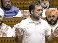 Leader of Opposition in the Lok Sabha Rahul Gandhi speaks in the House during the Budget session of Parliament, in New Delhi. (IMAGE: PTI)