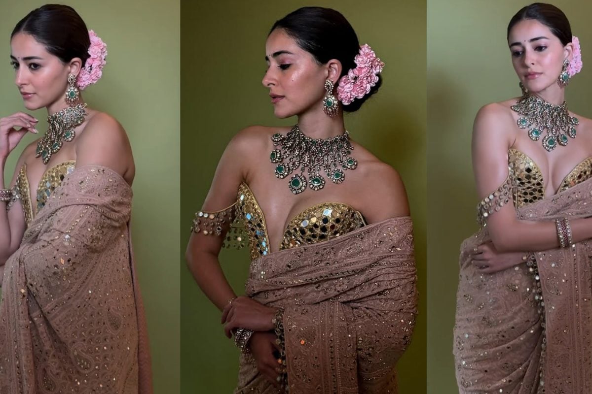 Ananya Panday Looks Demure In Gorgeous Beige Saree, Embracing Vintage Charm In Sequins, Gajra And Corset Blouse