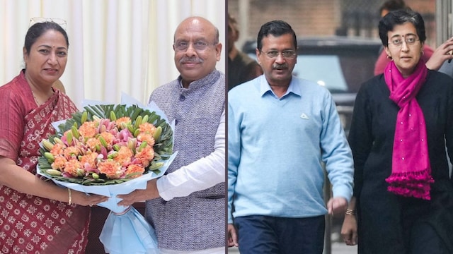 (Left) Delhi CM Rekha Gupta with BJP MLA Vijender Gupta; former AAP CMs Arvind Kejriwal and Atishi. (X/PTI)