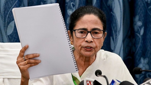 West Bengal Chief Minister Mamata Banerjee during a press conference after the presentation of the state Budget 2025-26 at the state Assembly in Kolkata. (PTI)