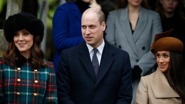 Kate Middleton, right, with Prince William and Meghan Markle. (AP file photo)