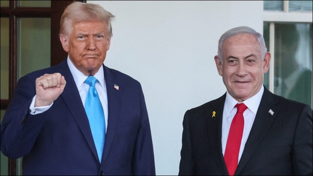 US President Donald Trump with Israeli PM Benjamin Netanyahu in Washington on Tuesday. (Reuters)