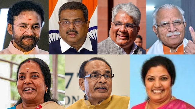 (From Top Left) G Kishan Reddy, Dharmendra Pradhan, Bhupender Yadav, Manohar Lal Khattar, Vanathi Srinivasan, Shivraj Singh Chouhan, and D Purandeswari.