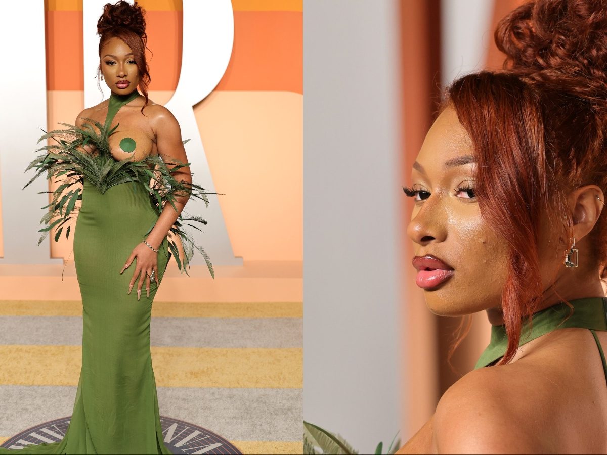 megan the stallion green dress Megan Thee Stallion Stuns in Green at Vanity Fair Oscars