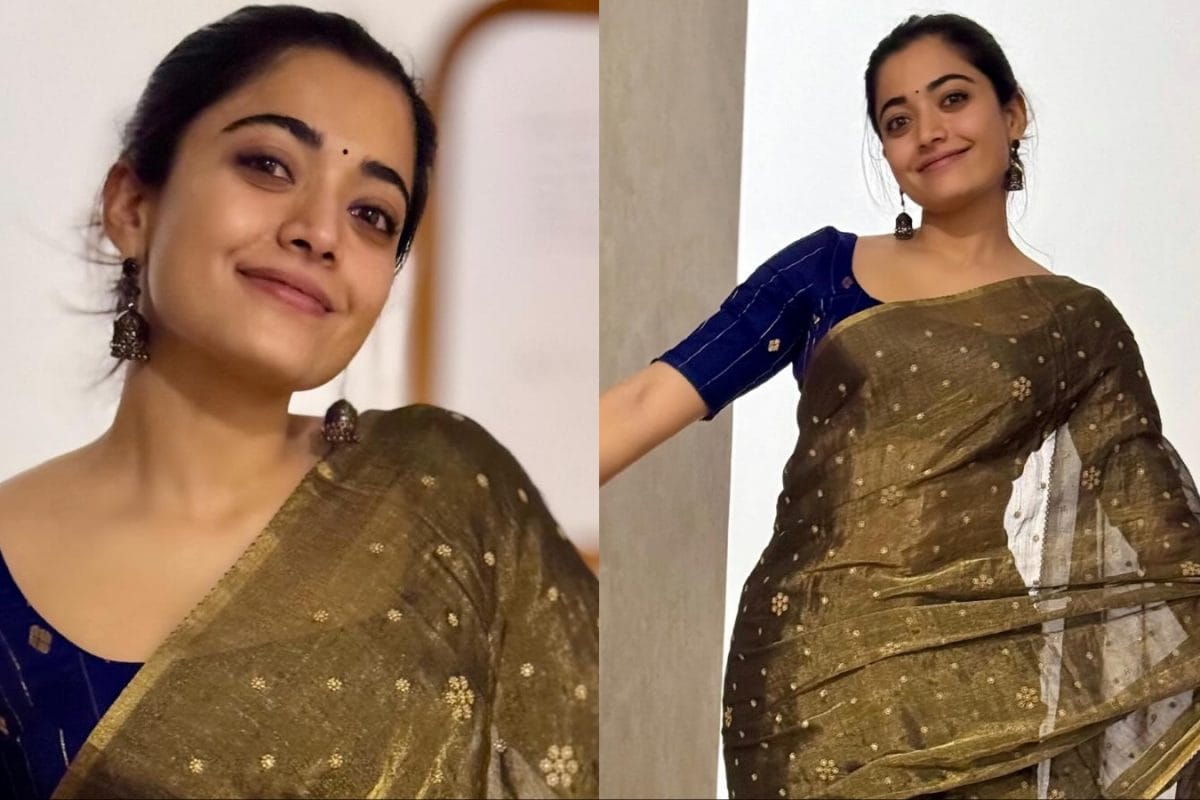 Rashmika Mandanna Brings Simplicity And Grace In A Mehendi Green Saree With Dainty Gold Embroidery