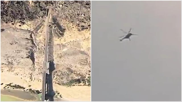  Video screengrabs show tunnel where Jaffar Express train is held (L)/ a Pakistani helicopter hovering (R) (Baloch Media)