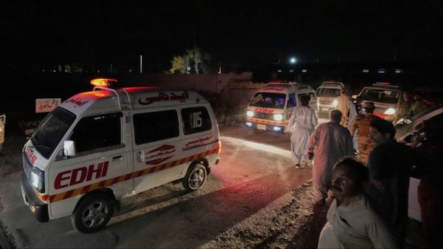 Ambulances seen carrying rescued/freed hostages after a train in Pakistan was hijacked (Photo: AP)