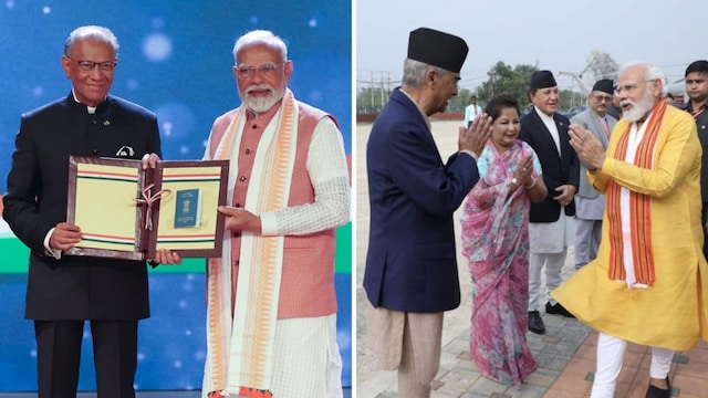 PM Narendra Modi in Mauritius (left) and Nepal. (X)