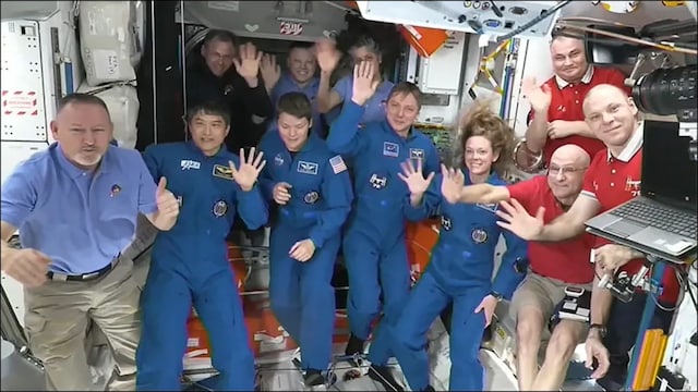 Crew-10 astronauts welcomed by Crew-9 astronauts including Sunita Williams and Butch Wilmore on ISS. ( Space Station)