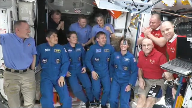 Crew-10 astronauts welcomed by Crew-9 astronauts including Sunita Williams and Butch Wilmore on ISS. (NASA)