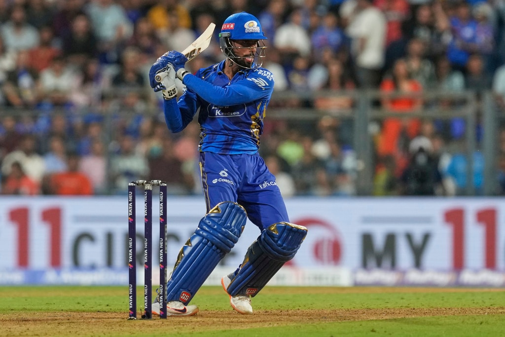 Tilak Varma stayed unbeaten and hit the winning runs for MI to beat SRH by 4 wickets (AP) Tilak Varma stayed unbeaten and hit the winning runs for MI to beat SRH by 4 wickets (AP)
