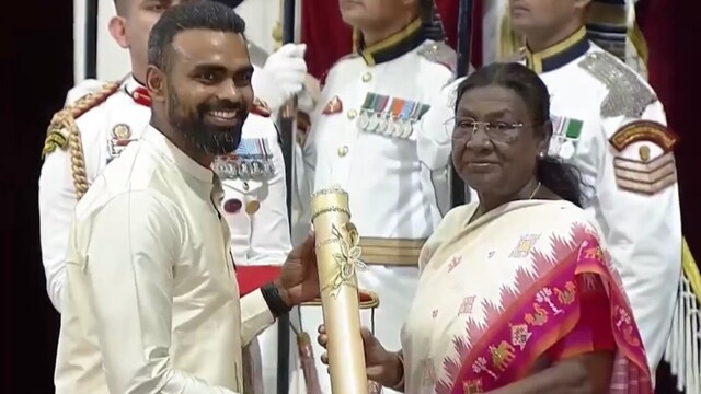 President Droupadi Murmu confers Padma Bhushan on former hockey player PR Sreejesh at Rashtrapati Bhavan (HI)