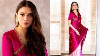 Aditi Rao Hydari completed her look with statement gold jewellery and a bindi.