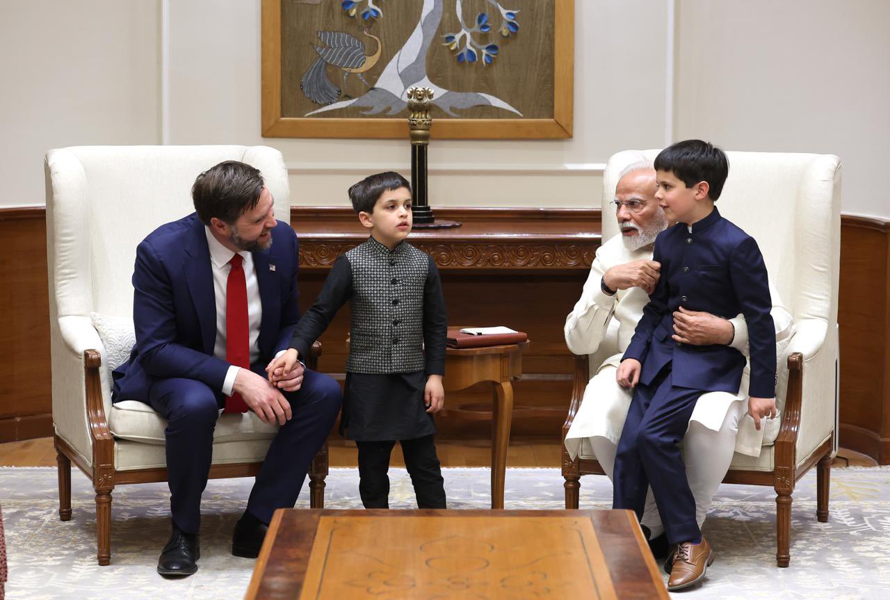 During the visit, Prime Minister Narendra Modi also gifted each of the Vance children a peacock feather. (Image: X, formerly Twitter) During the visit, Prime Minister Narendra Modi also gifted each of the Vance children a peacock feather. (Image: X, formerly Twitter)