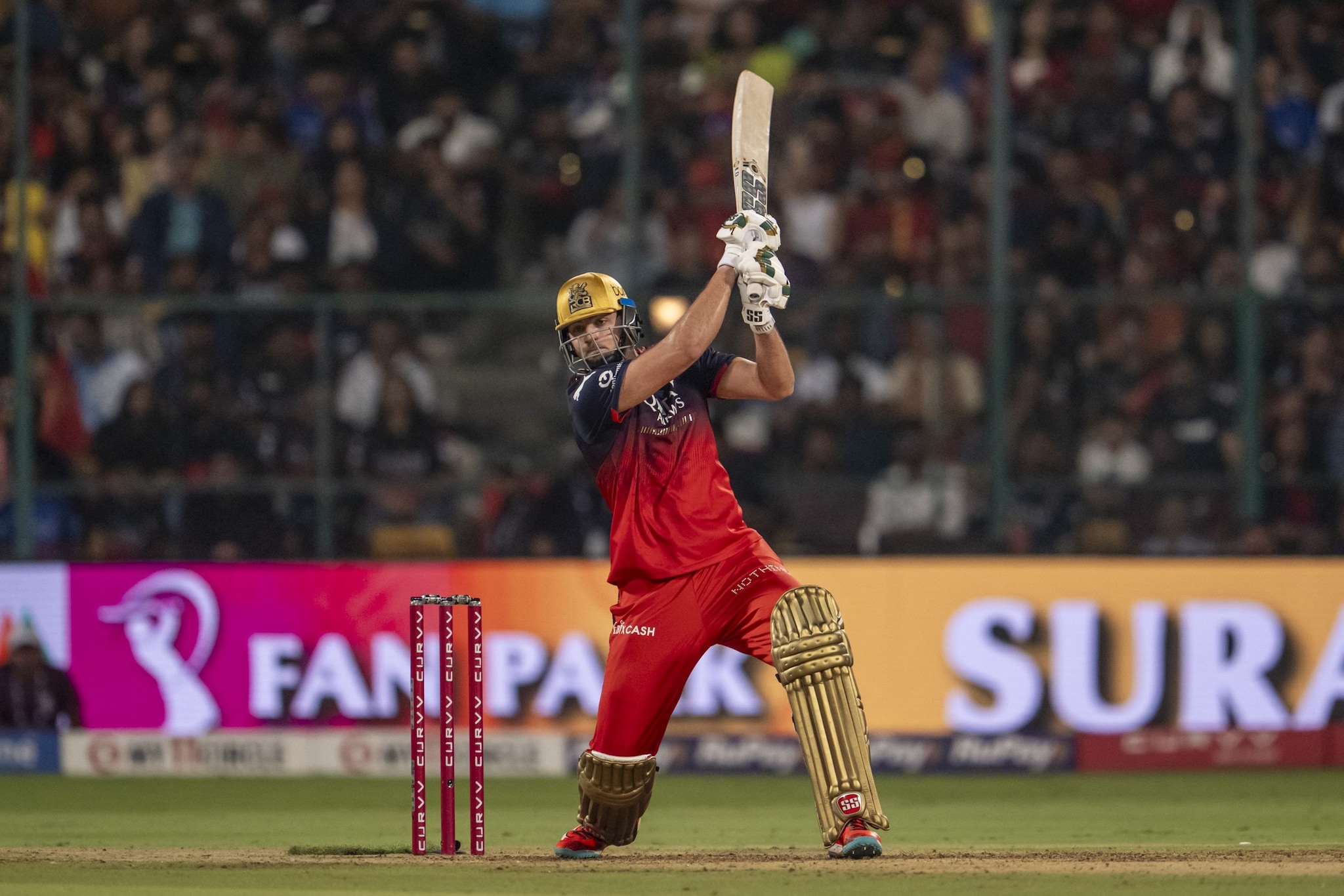 Tim David stood tall despite the challenge from the other end as he smashed a quickfire fifty to take RCB to 95/9. (Image: AP) Tim David stood tall despite the challenge from the other end as he smashed a quickfire fifty to take RCB to 95/9. (Image: AP)