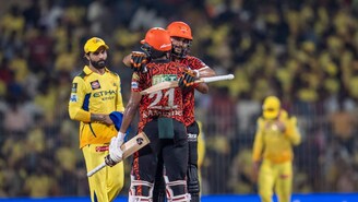 Kamindu Mendis of Sunrisers Hyderabad and Nitish Kumar Reddy of Sunrisers Hyderabad celebrating their victory over Chennai Super Kings during match 43 of the Indian Premier League season 18 (IPL 2025) between Chennai Super Kings and Sunrisers Hyderabad held at the MA Chidambaram Stadium, Chennai on the 25th April 2025.
