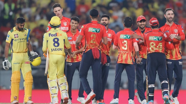 Players shake hands during match 22 of the Indian Premier League season 18 (IPL 2025) between Punjab Kings and Chennai Super Kings held at the Maharaja Yadavindra Singh International Cricket Stadium, Mullanpur on the 8th April 2025. (Sportzpics)
