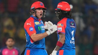 Delhi Capitals' KL Rahul, right, celebrates with batting partner Tristan Stubbs after their win in the Indian Premier League cricket match against Rajasthan Royals at Arun Jaitley Stadium in New Delhi, India, Wednesday, April 16, 2025. (AP Photo/Manish Swarup)