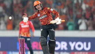Abhishek Sharma of Sunrisers Hyderabad celebrates his 100 runs during match 27 of the Indian Premier League season 18 (IPL 2025) between Sunrisers Hyderabad and Punjab Kings held at the Rajiv Gandhi International Stadium, Hyderabad on the 12th April 2025. (Sportzpics) 