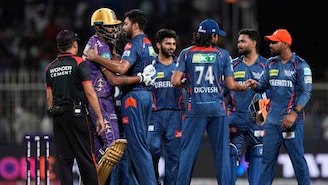 Lucknow Super Giants players celebrate their team's victory during the Indian Premier League cricket match between Kolkata Knight Riders and Lucknow Super Giants at Eden Gardens in Kolkata, India, Tuesday, April 8, 2025. (AP Photo/Bikas Das)



