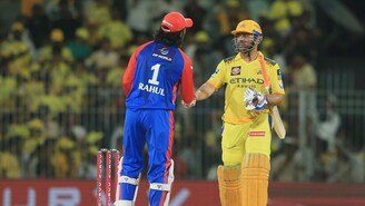 Delhi Capitals' KL Rahul, left, shake hands with Chennai Super Kings' Mahendra Singh Dhoni after winning the Indian Premier League cricket match against Chennai Super Kings at M. A. Chidambaram Stadium in Chennai, India, Saturday, April 5, 2025. (AP Photo)