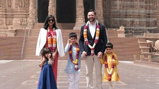 US Vice President JD Vance and his family at the Akshardham Temple this morning. (Image: PTI) US Vice President JD Vance and his family at the Akshardham Temple this morning. (Image: PTI)