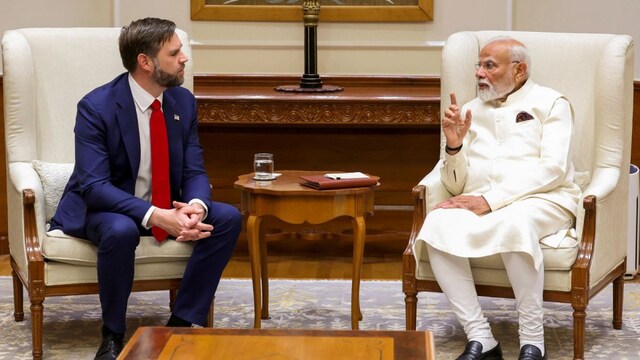 PM Narendra Modi (R) during a meeting with US Vice President JD Vance (L), in New Delhi on April 21. (Image: PMO/PTI)