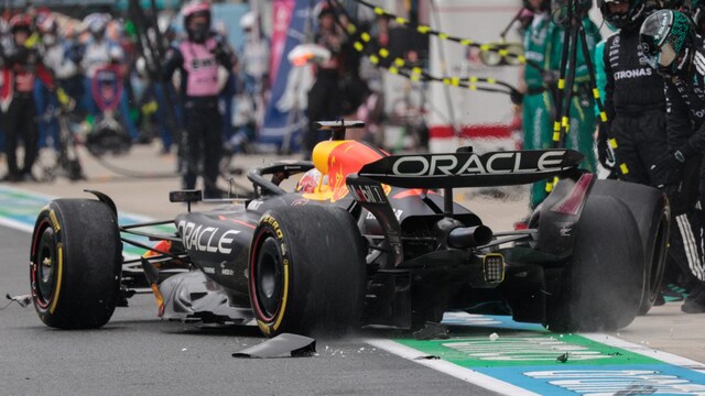 Red Bull Racing's Dutch driver Max Verstappen in pit lane after he collided with Mercedes' Italian driver Andrea Kimi Antonelli (AFP)