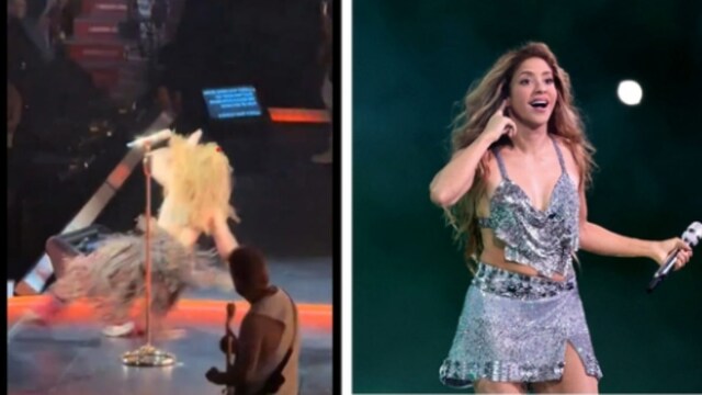 Shakira falls onstage but doesn't miss   a bushed  astatine  her concert.