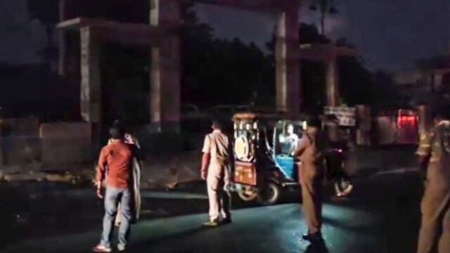 Security personnel on a road during blackout amid escalating tensions between India and Pakistan, in Barmer, Rajasthan, on May 8, 2025. (PTI Photo)