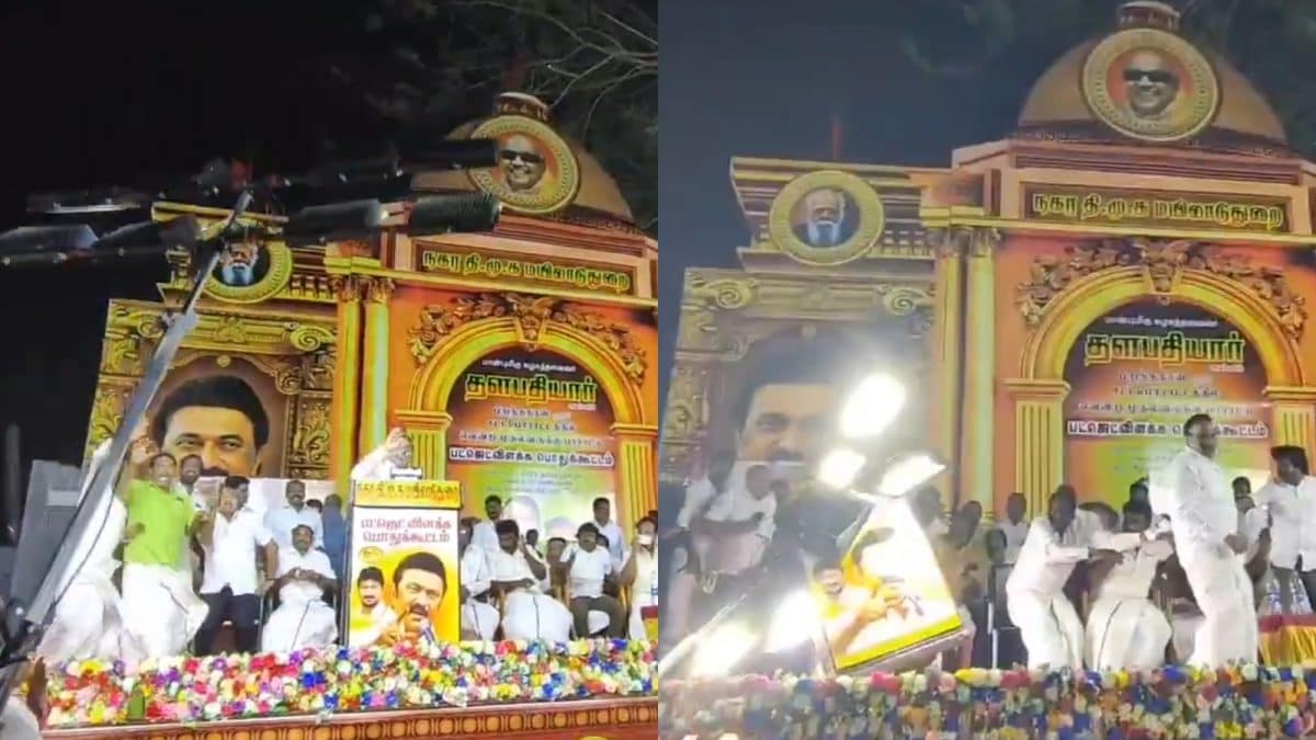 DMK MP A Raja Narrowly Escapes Injury As Overhead Lights Collapse On Stage During Public Meeting