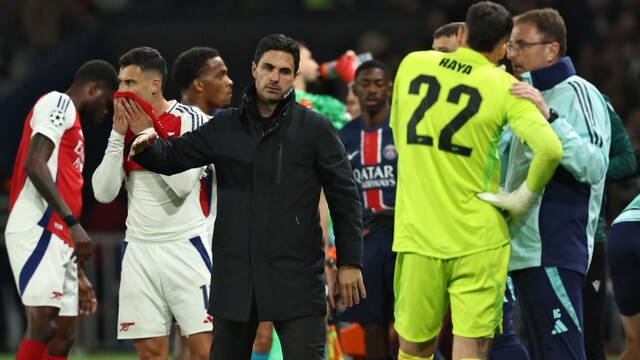 Arsenal boss Mikel Arteta during the UCL semi-final against PSG (AFP)