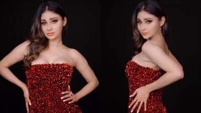 mouni roy red dress Bollywood Hottie Mouni Roy Looks Breathtaking in Shimmery Red Dress   ALBINA DYLA