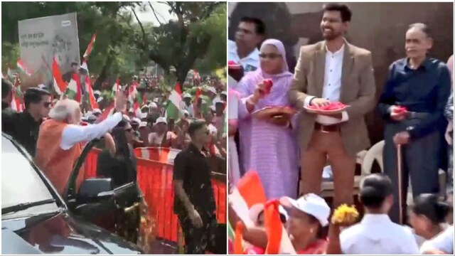 Video screengrabs show PM Modi holding a roadshow in Gujarat (L)/Colonel Sofiya Qureshi's family showering petals on him (R) (ANI)