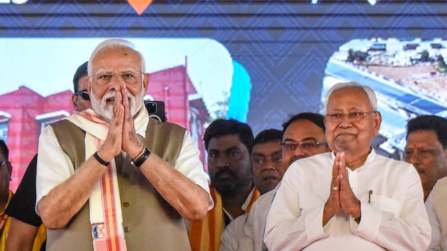 Prime Minister Narendra Modi and Bihar Chief Minister Nitish Kumar during a public meeting, in Rohtas district (PTI)