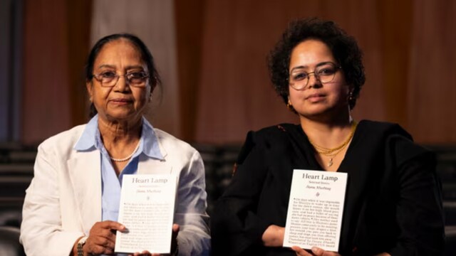 Author Banu Mushtaq (left) and translator Deepa Bhasthi with their International Booker victor  Heart Lamp. 