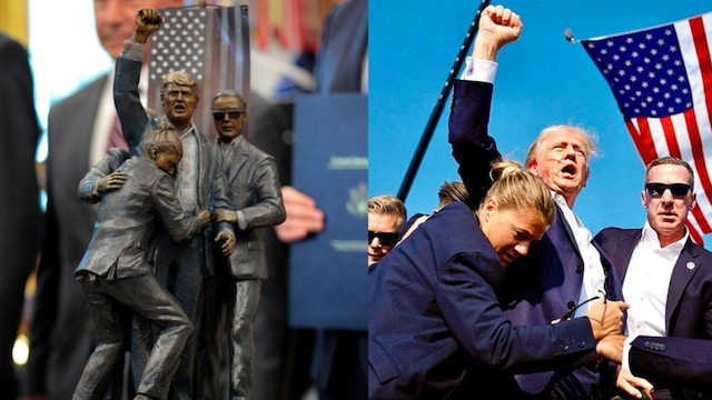 Trump installs statue depicting 2024 assassination attempt in Oval Office. (X/@WhiteHouse)