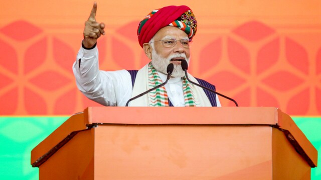 Prime Minister Narendra Modi speaks during the inauguration and instauration  chromatic  laying ceremonial  of assorted  developmental works, successful  Bhuj. (PTI)