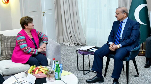 Pakistan Prime Minister Shehbaz Sharif meets with managing director of the International Monetary Fund (IMF), Kristalina Georgieva, in Paris, France, June 22, 2023. (Prime Minister Office via AP)