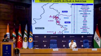 A screenshot shared by the Ministry of External Affairs shows missile strikes carried out Indian armed forces on terror targets in Pakistan and PoK under 'Operation Sindoor'. (Image: @MEAIndia/YouTube/PTI)