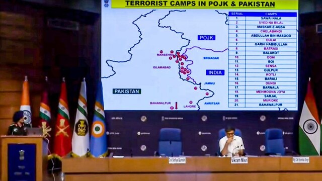 A screenshot shared by the Ministry of External Affairs shows missile strikes carried out Indian armed forces on terror targets in Pakistan and PoK under 'Operation Sindoor'. (Photo: @MEAIndia/YouTube via PTI Photo)