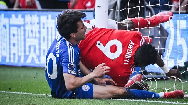 Forest striker Taiwo Awoniyi had a horror crash against Leicester City (AFP)