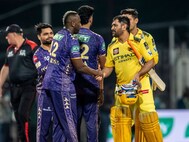 MS Dhoni of Chennai Super Kings and Andre RussellKolkata of Knight Riders shake hands post match during match 57 of the Indian Premier League season 18 (IPL 2025) between the Kolkata Knight Riders and the Chennai Superkings held at the Eden gardens Stadium, Kolkata on the 7th May 2025. (Sportzpics)