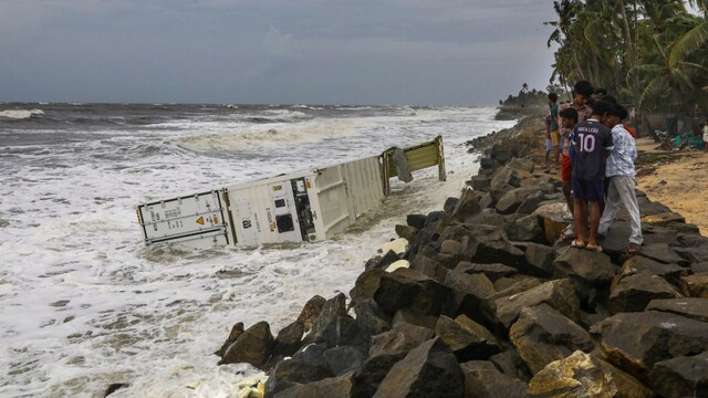  Containers from the vessel  MSC Elsa 3 that sank astatine  the Kochi outer harbour drifted ashore, successful  Kollam, Kerala, Monday, May 26, 2025. (PTI)