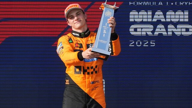 Oscar Piastri of Australia celebrates on the podium after winning the Formula One Miami Grand Prix (Picture credit: AP)