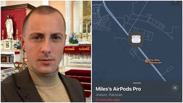 Miles shared a screenshot showing the current location of his AirPods, somewhere in Pakistan. (Images via X