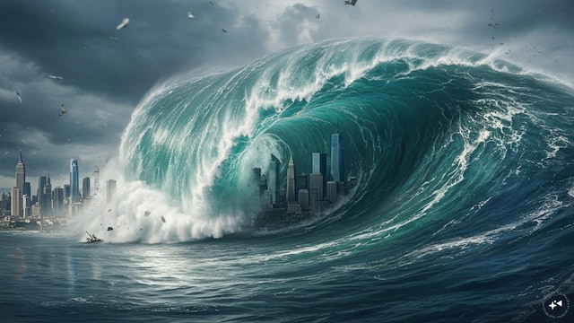 According to recent research, there’s a 15% chance of an earthquake of 8.0 magnitude in the next 50 years, which could trigger 1,000-foot waves along the coast. (AI Generated)
