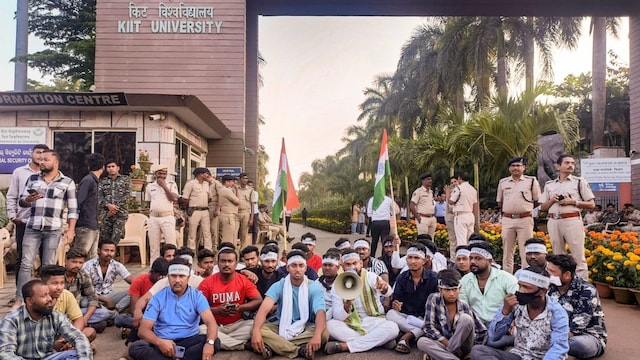 Agitators stage a protest over the death of a Nepali student on the Kalinga Institute of Industrial Technology (KIIT) campus, in Bhubaneswar. (PTI photo)