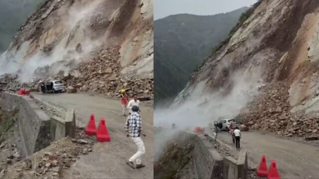 Seconds before the debris falls, a car stops and three people, including a woman, are seen rushing out and fleeing to safety. (News18 Hindi)