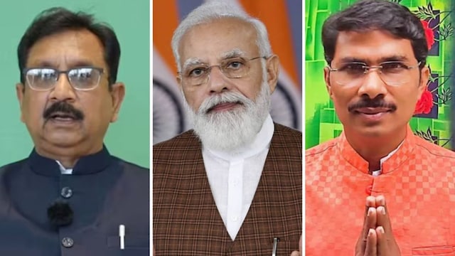 (From left) Vijay Shah, PM Modi, Narendra Prajapati. (File/X)